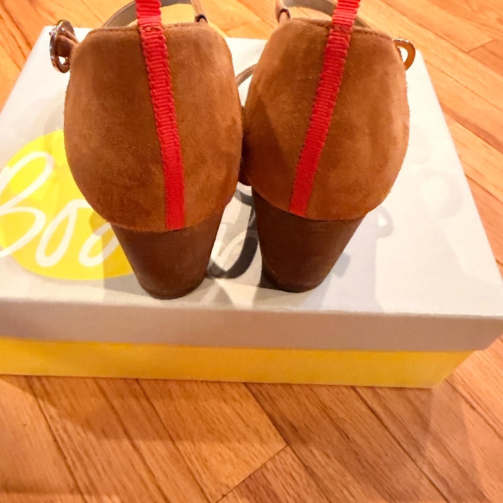 Boden Brown Suede T-Strap Heeled Sandals with Red Accent